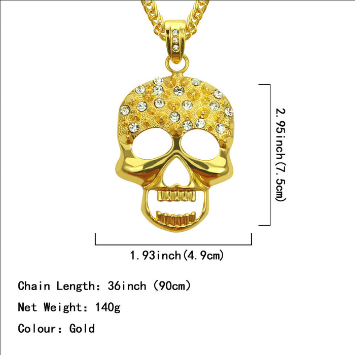 Fashion Hip Hop Diamond Necklace Pendant Skeleton Skull Punk Jewelry Miami Cuban Chain 36"