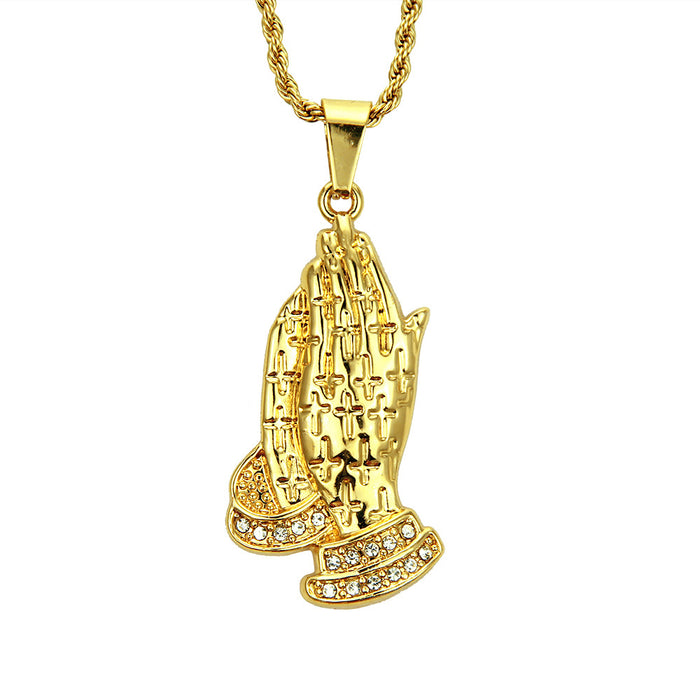 Fashion Hip Hop Diamond Necklace Pendant Praying Hands Lucky Jewelry Twist Chain 30"