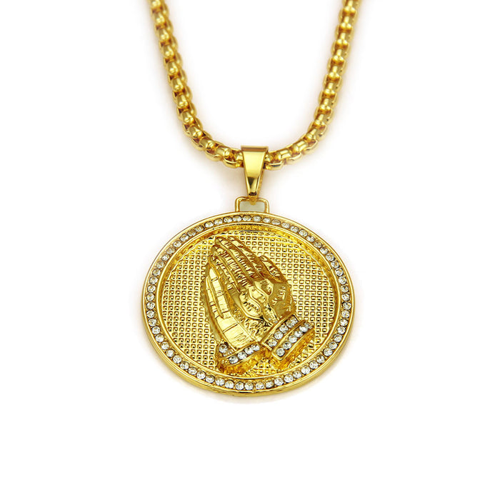 Fashion Hip Hop Diamond Necklace Pendant Praying Hands Round Lucky Jewelry Gold Plated 30"