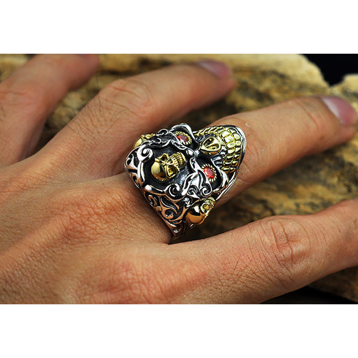 Genuine Solid 925 Sterling Silver Ring Skulls Garnet Gothic Hip Hop Jewelry Open Size 8-14
