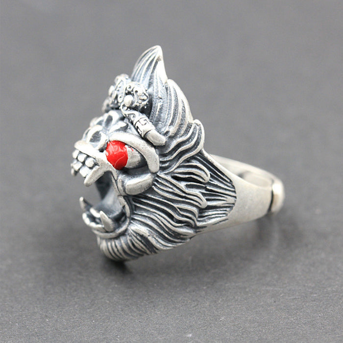 Real Solid 990 Sterling Silver Rings Animals Monkey King Warrior Fashion Jewelry Adjustable
