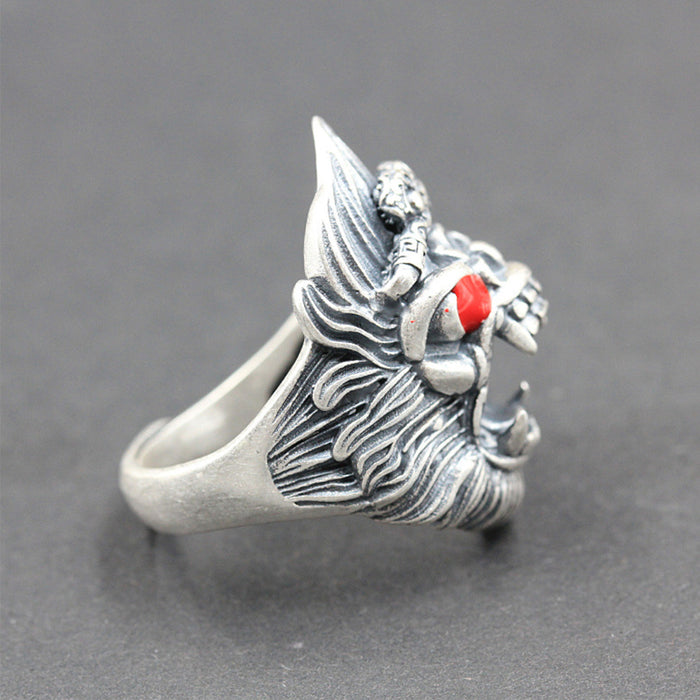 Real Solid 990 Sterling Silver Rings Animals Monkey King Warrior Fashion Jewelry Adjustable