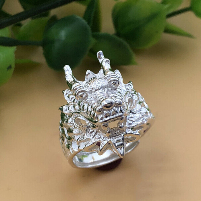 Real Solid 990 Sterling Silver Rings Dragon Animals Fashion Punk Jewelry Open Size
