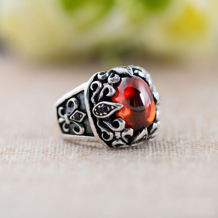 Real Solid 925 Sterling Silver Rings Black Agate & Garnet Crusader Flower Fashion Punk Jewelry Size 8-11