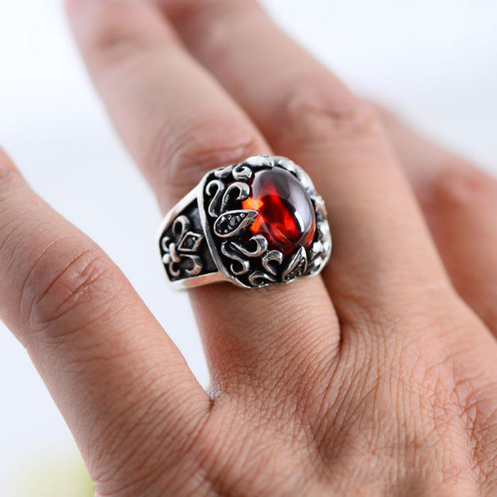 Real Solid 925 Sterling Silver Rings Black Agate & Garnet Crusader Flower Fashion Punk Jewelry Size 8-11