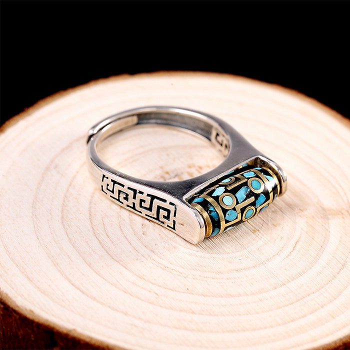 Real Solid 925 Sterling Silver Turquoise Rings Buddha Bead Rotation Fashion Jewelry Open Size 8 9 10 11