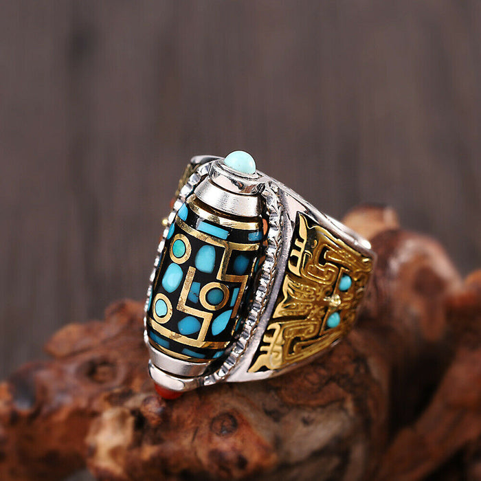 Real Solid 925 Sterling Silver Onyx & Turquoise Rings Buddha Bead Rotation Fashion Jewelry Open Size 8 9 10 11