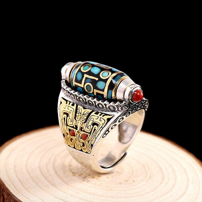 Real Solid 925 Sterling Silver Onyx & Turquoise Rings Buddha Bead Rotation Fashion Jewelry Open Size 8 9 10 11