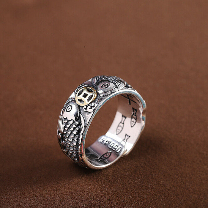 Real Solid 990 Sterling Silver Rings Fish Animals Coins Fashion Luck Jewelry Open Size