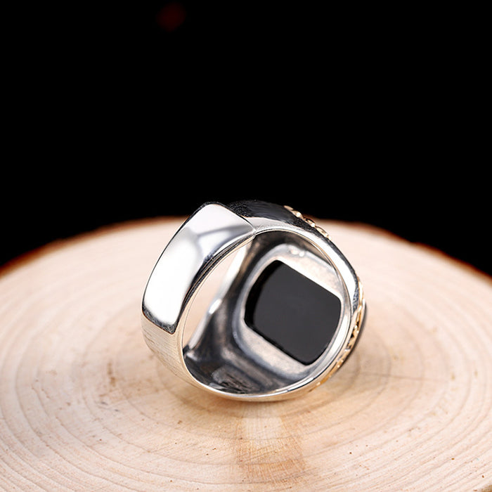 Real Solid 925 Sterling Silver Rings Black Agate Fashion Punk Jewelry Open Size Adjustable