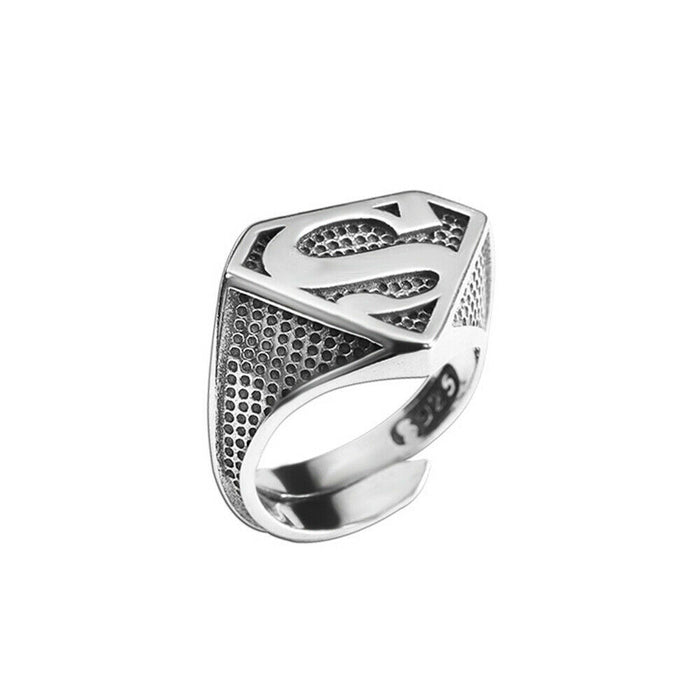 Real Solid 925 Sterling Silver Rings Superman Superhero Hip Hop Jewelry Open Size Adjustable