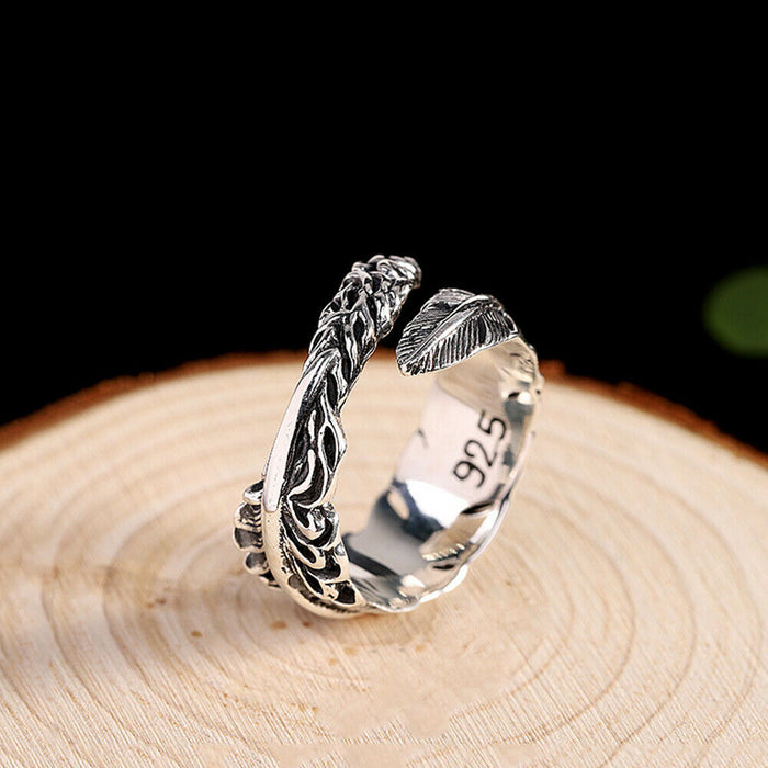 Real Solid 925 Sterling Silver Rings Feather Fashion Punk Couples Jewelry Open Size Adjustable