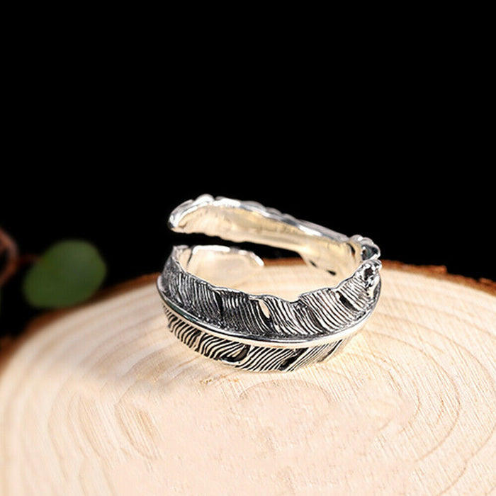 Real Solid 925 Sterling Silver Rings Feather Fashion Punk Couples Jewelry Open Size Adjustable