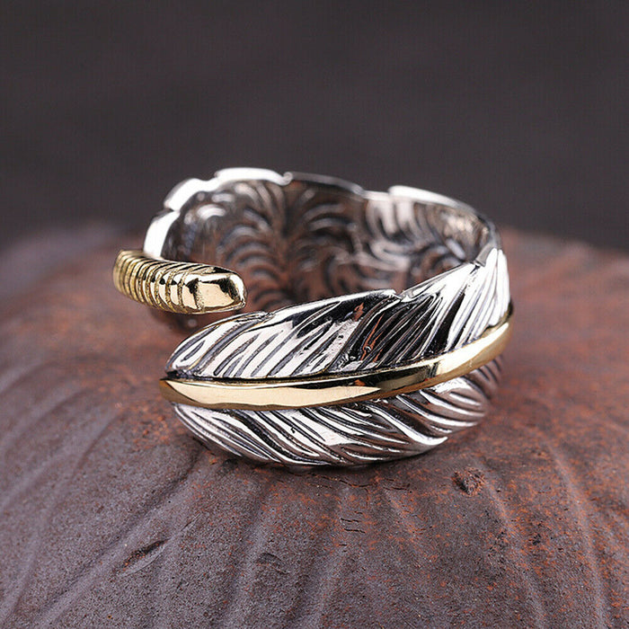 Real Solid 925 Sterling Silver Rings Feather Pattern Hip Hop Punk Jewelry Open Size Adjustable