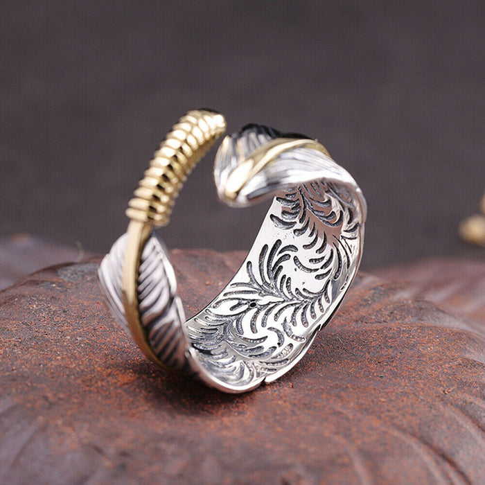 Real Solid 925 Sterling Silver Rings Feather Pattern Hip Hop Punk Jewelry Open Size Adjustable