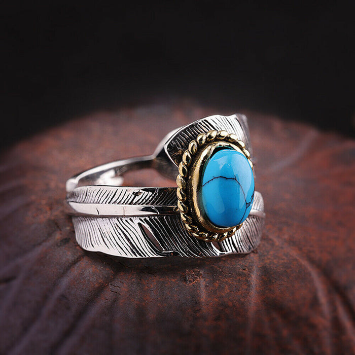 Real Solid 925 Sterling Silver Turquoise Rings Feather Pattern Punk Jewelry Open Size Adjustable