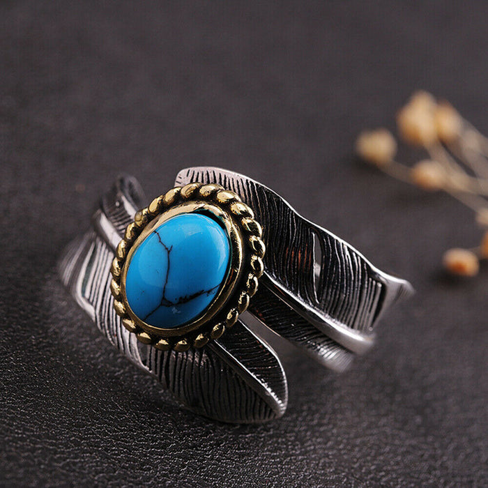 Real Solid 925 Sterling Silver Turquoise Rings Feather Pattern Punk Jewelry Open Size Adjustable