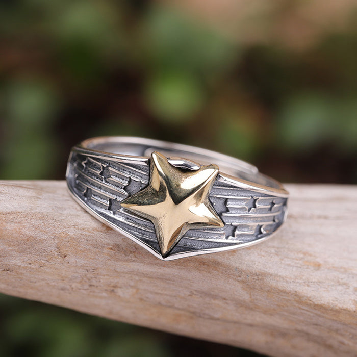 Real Solid 925 Sterling Silver Rings Striped Pentagram Star Fashion Punk Jewelry Open Size Adjustable