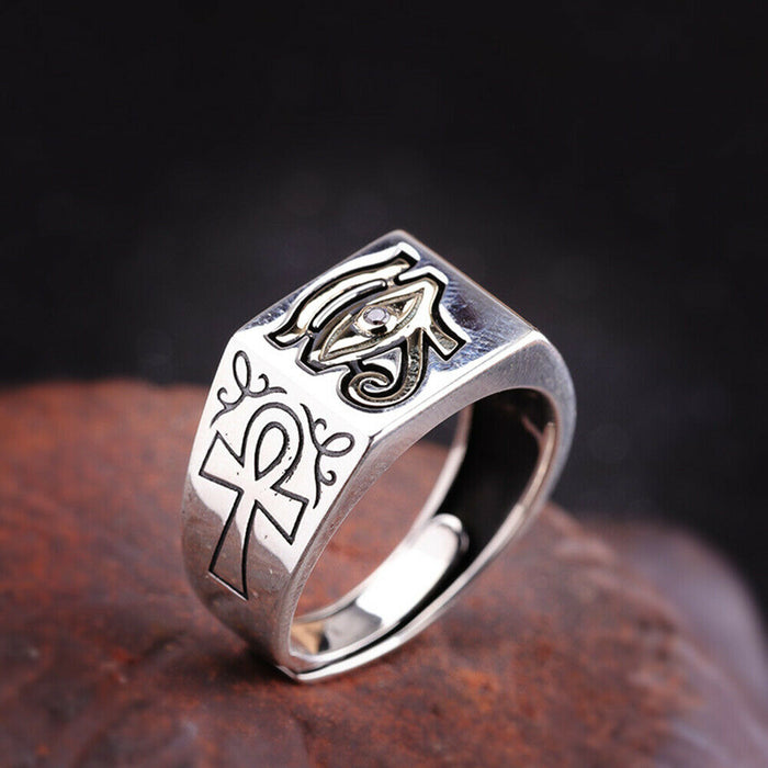 Real Solid 925 Sterling Silver Rings Horus Eye Ankh Fashion Punk Jewelry Open Size Adjustable