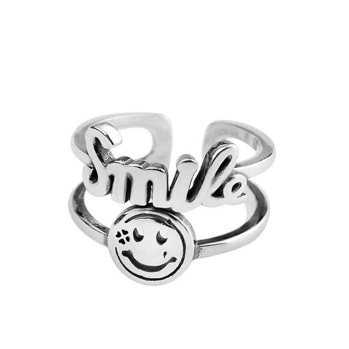 Real Solid 925 Sterling Silver Rings Smiling Face Smile Fashion Hip Hop Jewelry Open Size Adjustable