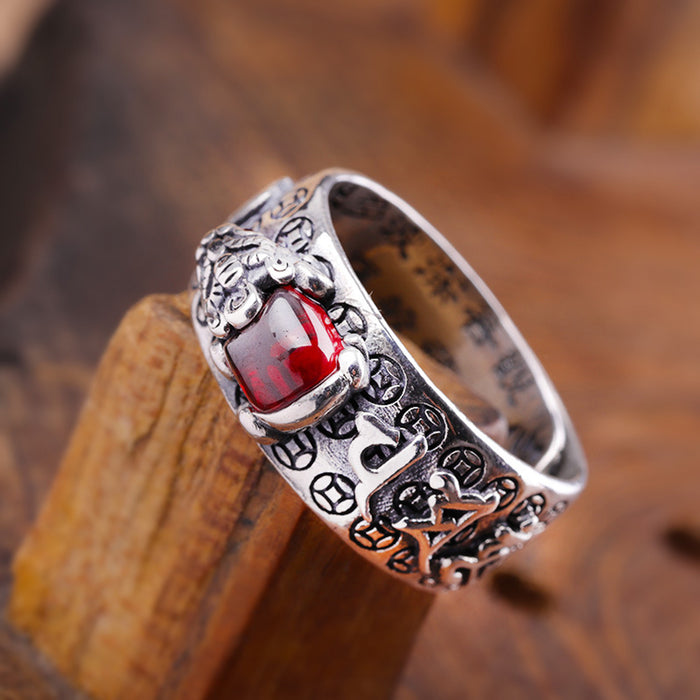 Real Solid 925 Sterling Silver Garnet Rings Animals Pi Xiu Toad Om Mani Padme Hum Fashion Luck Jewelry Open Size Adjustable