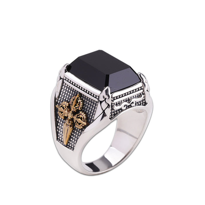 Real Solid 925 Sterling Silver Black Agate Rings Vajra Cross Fashion Gothic Punk Jewelry Size 8-10.5