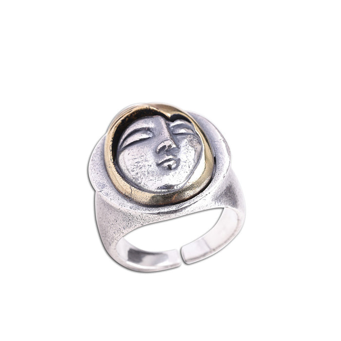 Real Solid 990 Pure Silver Rings Smiling Girl Face Fashion Hip Hop Jewelry Open Size Adjustable