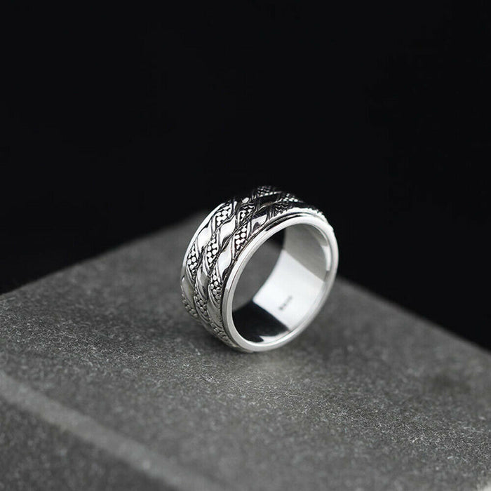Real Solid 925 Sterling Silver Rings Rotation Braided Twist Fashion Punk Jewelry Size 9-10