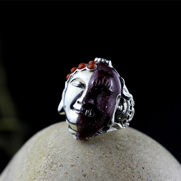 Real Solid 925 Sterling Silver Rings Red Onyx Buddha Devil Good-and-Evil Jewelry Open Size Adjustable