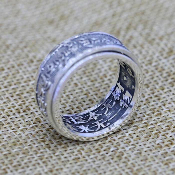 Real Solid 925 Sterling Silver Rings Band Om Mani Padme Hum Religions Rotation Fashion Luck Jewelry Size 8-11