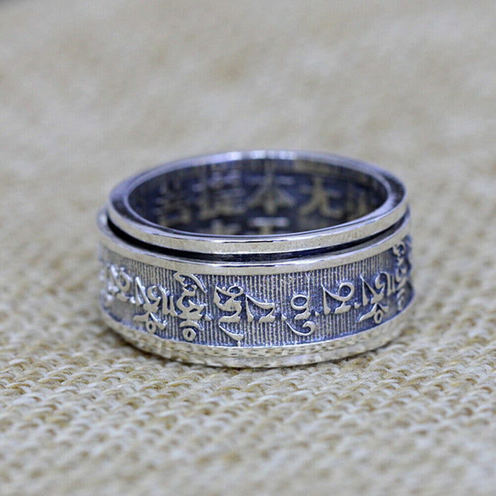 Real Solid 925 Sterling Silver Rings Band Om Mani Padme Hum Religions Rotation Fashion Luck Jewelry Size 8-11