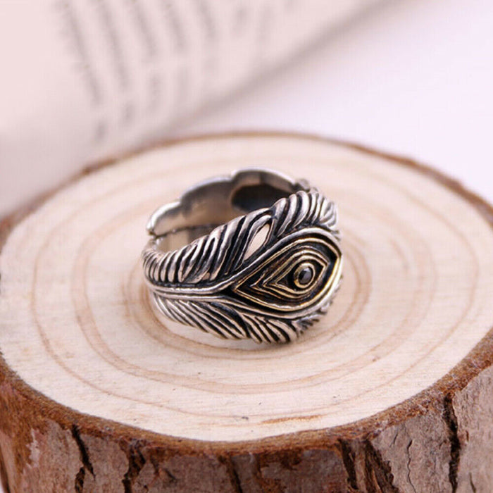 Real Solid 925 Sterling Silver Rings Feather Wisdom Eye Fashion Punk Jewelry Open Size Adjustable