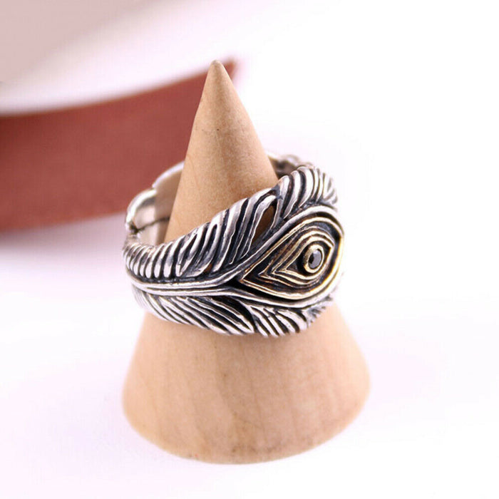 Real Solid 925 Sterling Silver Rings Feather Wisdom Eye Fashion Punk Jewelry Open Size Adjustable