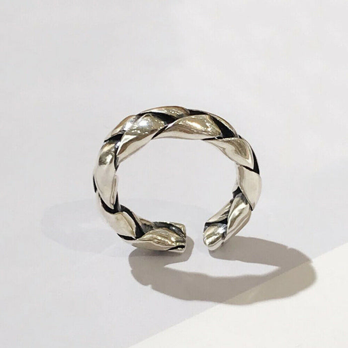 Real Solid 925 Sterling Silver Rings Braided Twisted Fashion Punk Jewelry Open Size 6-8