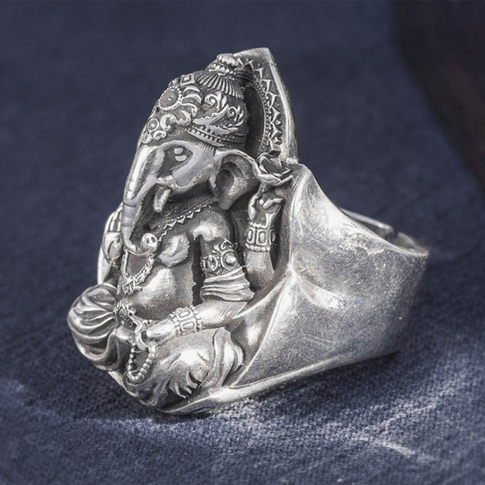 Real Solid 999 Sterling Silver Rings Elephant Trunk Animals Ganesha Gothic Punk Jewelry Open Size 8-10