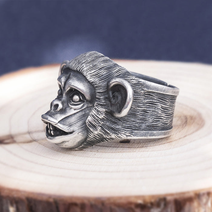Real Solid 999 Sterling Silver Rings Monkey Animals Gothic Punk Jewelry Open Size 8-10