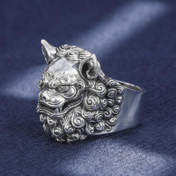 Real Solid 999 Sterling Silver Rings Lion Animal Gothic Punk Jewelry Open Size 10-12