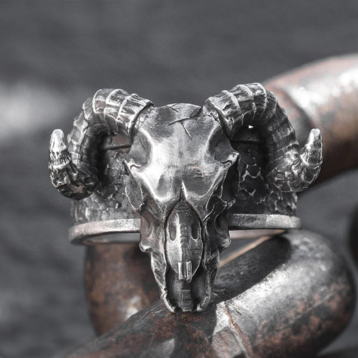 Real Solid 999 Sterling Silver Rings Skull Ram Head Horn Animals Gothic Punk Jewelry Open Size 8-10