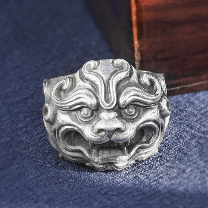 Real Solid 999 Sterling Silver Rings Dancing Lion Animals Gothic Fashion Jewelry Open Size 8-10