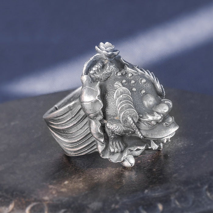 Real Solid 999 Sterling Silver Rings Toad Animals Wealth Men Fashion Jewelry Open Size 8-10