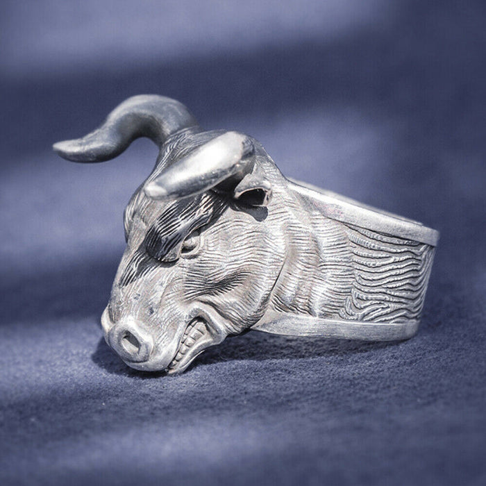 Real Solid 999 Sterling Silver Rings Bull Animals Gothic Punk Jewelry Open Size 8-10