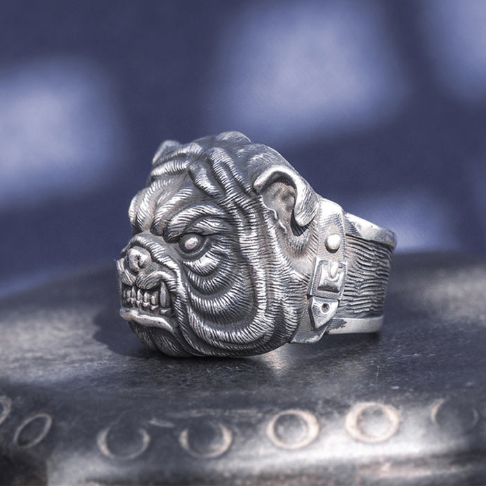 Real Solid 999 Sterling Silver Rings Bulldog Animals Gothic Punk Jewelry Open Size 8-10
