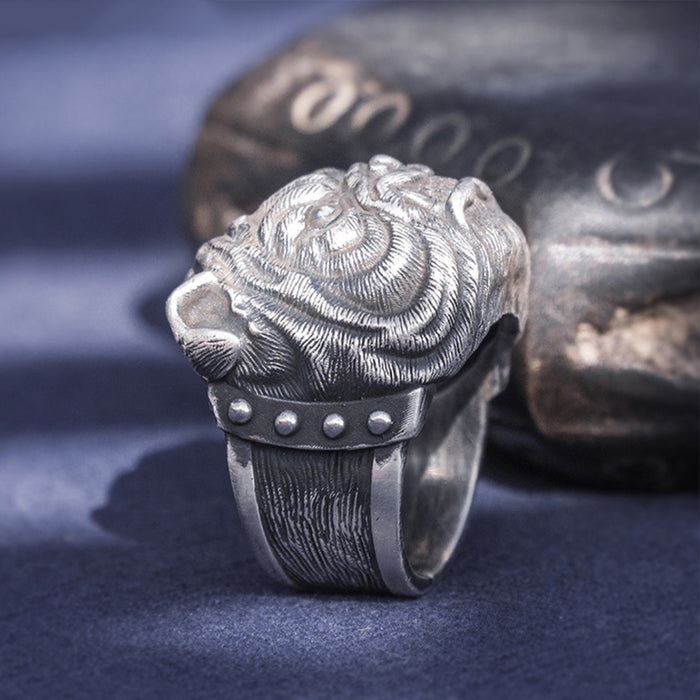 Real Solid 999 Sterling Silver Rings Bulldog Animals Gothic Punk Jewelry Open Size 8-10
