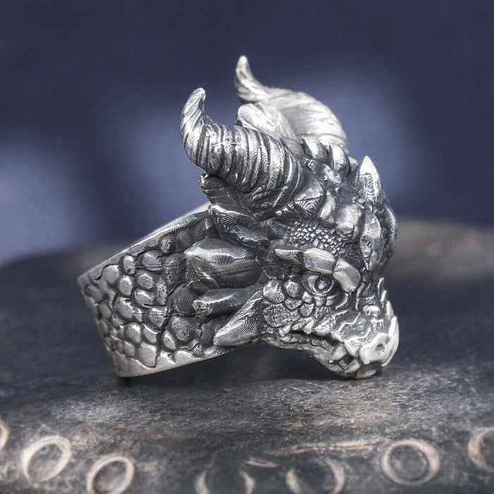 Real Solid 999 Sterling Silver Rings Dragon Animals Gothic Punk Jewelry Open Size 8-10