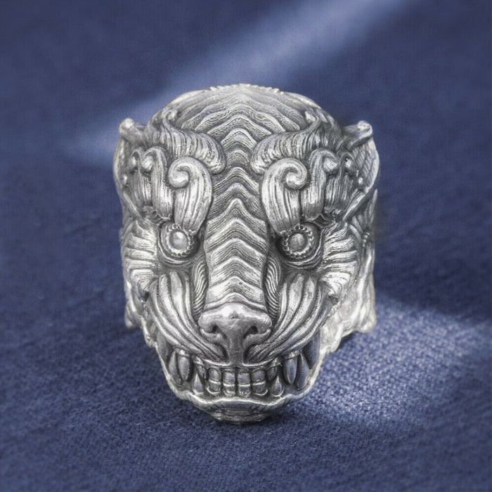 Real Solid 999 Sterling Silver Rings Tiger Animals Gothic Punk Jewelry Open Size 8-10