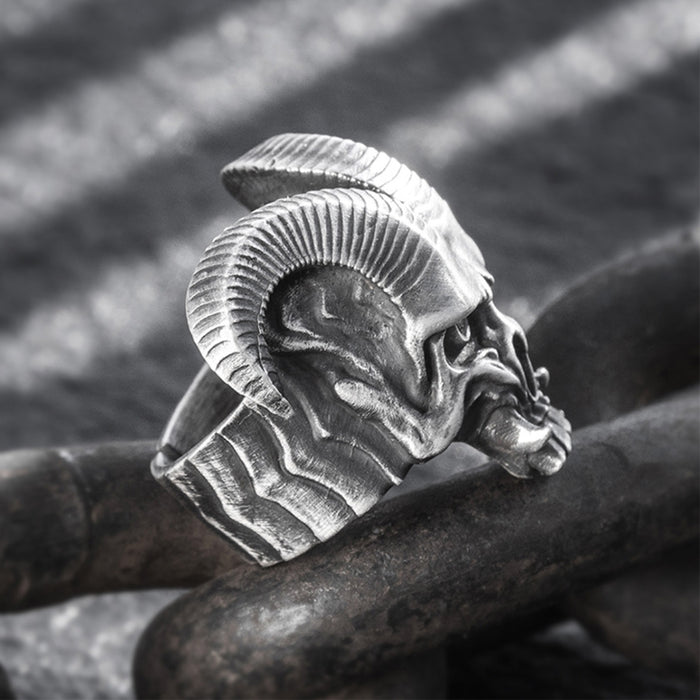 Real Solid 999 Sterling Silver Rings Ram Head Animals Devil Gothic Jewelry Open Size 8-10