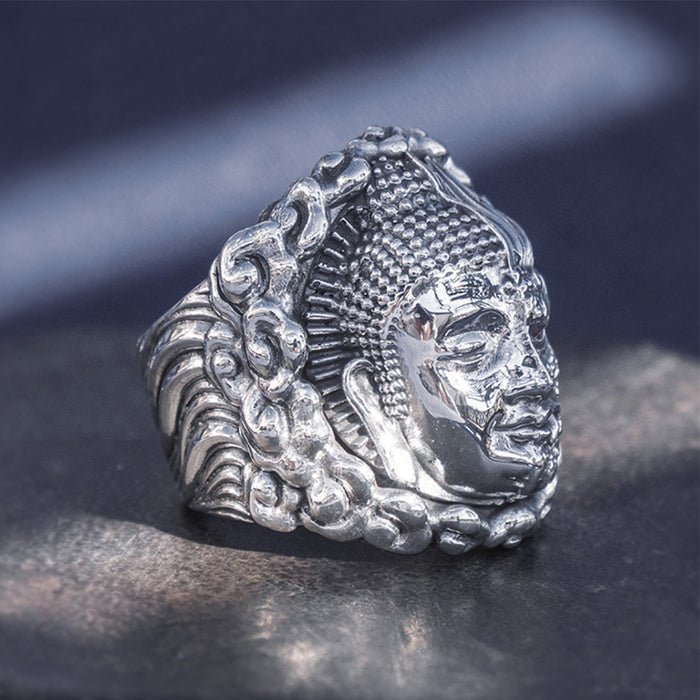 Real Solid 999 Sterling Silver Rings Good-and-Evil Buddha Devil Gothic Punk Jewelry Open Size 8-10