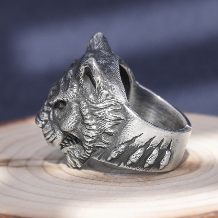 Real Solid 999 Sterling Silver Rings Animals Tiger King Gothic Punk Jewelry Open Size 8-11