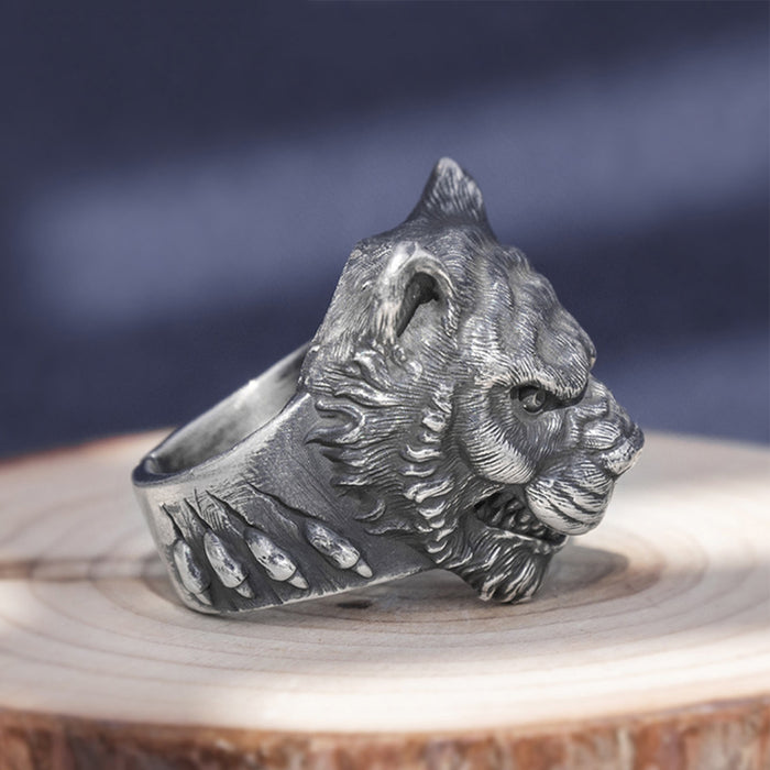 Real Solid 999 Sterling Silver Rings Animals Tiger King Gothic Punk Jewelry Open Size 8-11