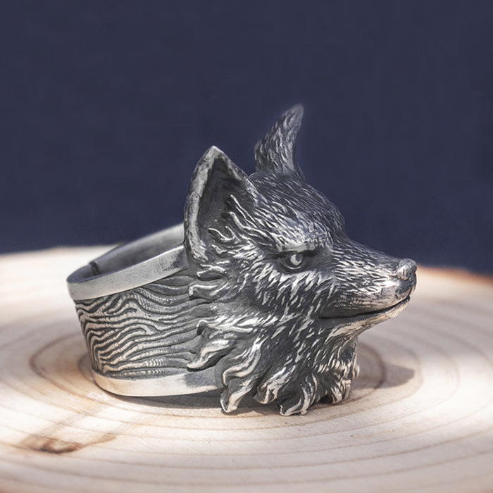 Real Solid 999 Sterling Silver Rings Fox Head Animals Gothic Punk Jewelry Open Size 8-11